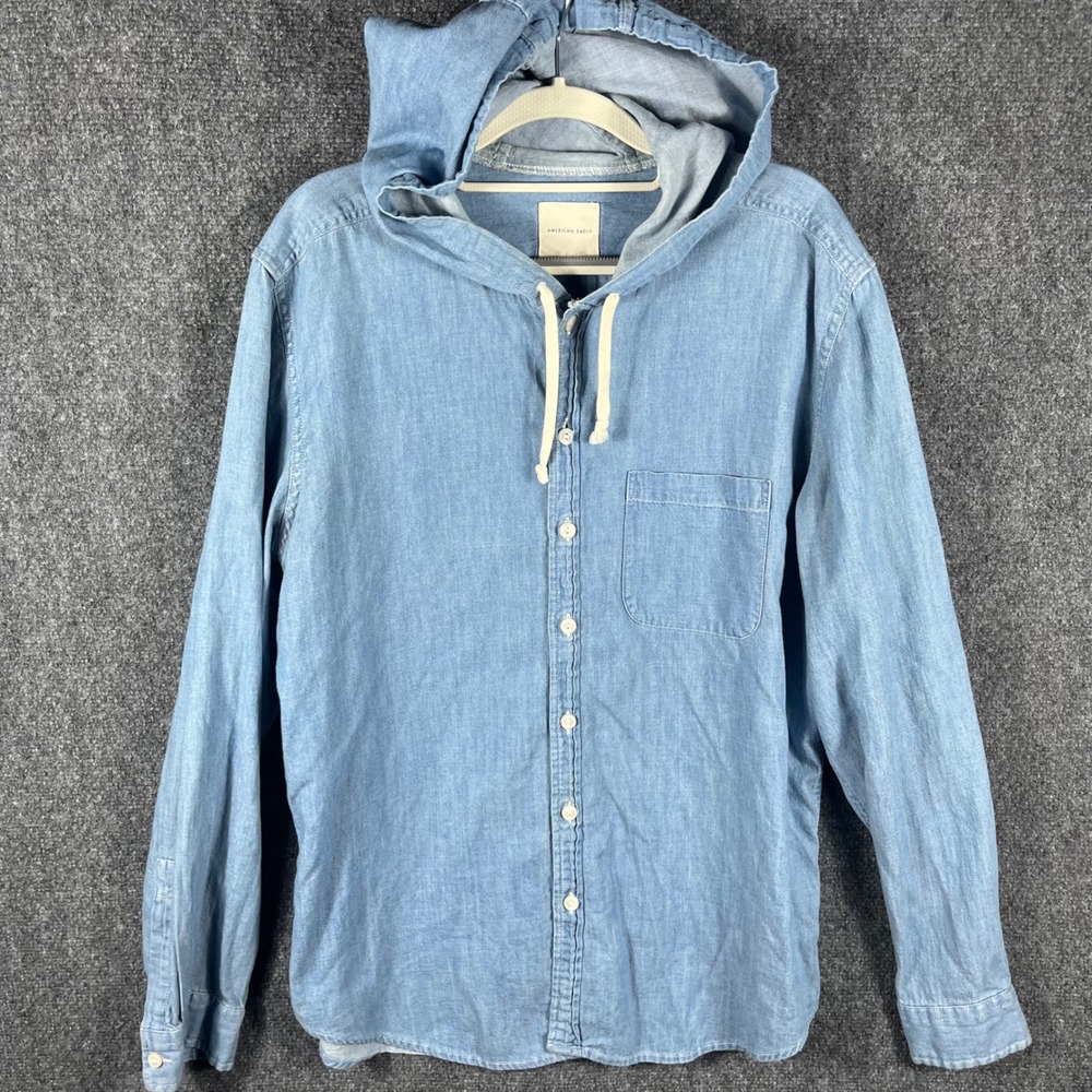 American Eagle Hooded Shirt Mens Large Blue Chambray Denim Button Up - Picture 2 of 8